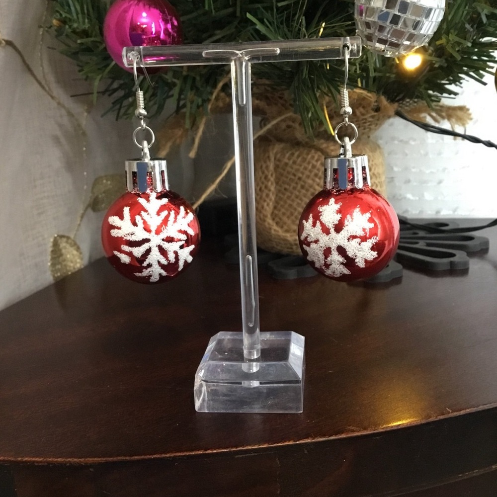 Festive Christmas Red and White Snowflake Holiday Earrings
